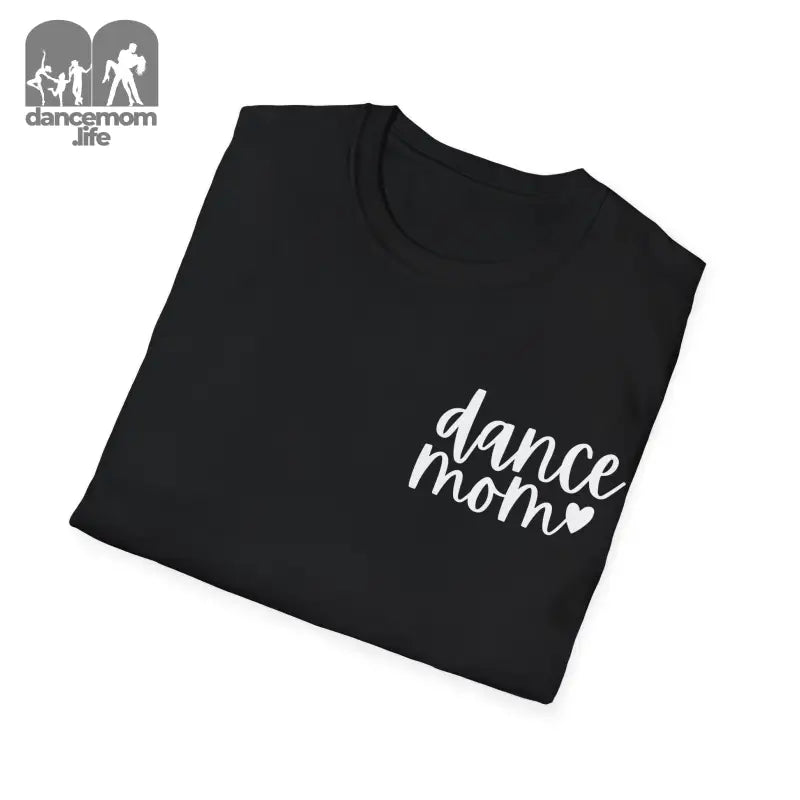 Black t-shirt with ’dance mom’ text and a heart design in white lettering.