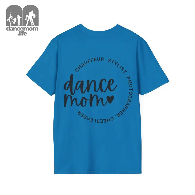 Bright blue t-shirt with ’dance mom’ text and circular typography design printed in black.