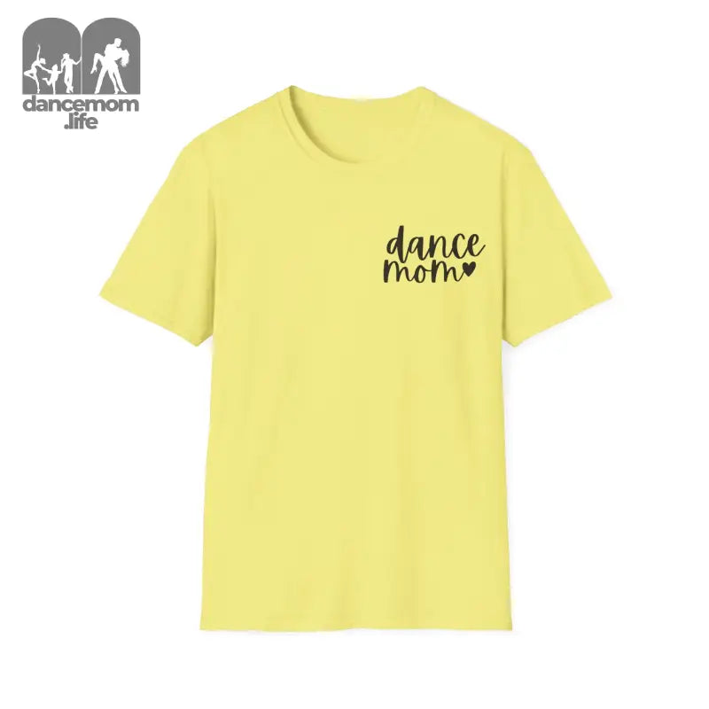 Yellow t-shirt with ’dance mom’ text and a heart design printed in black.