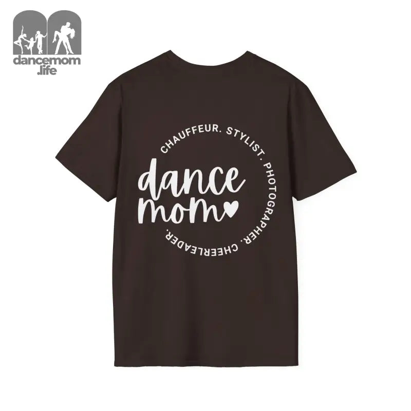 Dark brown t-shirt with ’dance mom’ text in a circular design.