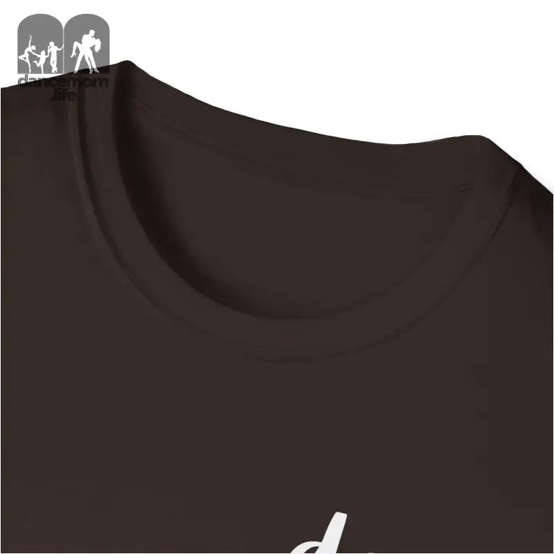 Dark brown t-shirt with a partial white graphic visible.