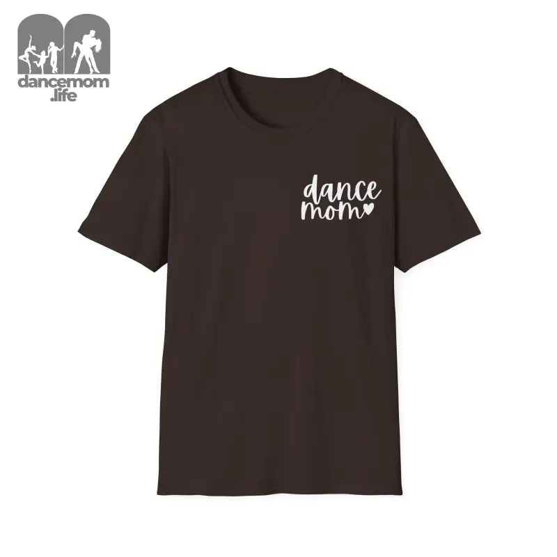 Dark brown t-shirt with ’dance mom’ printed in white on the chest.