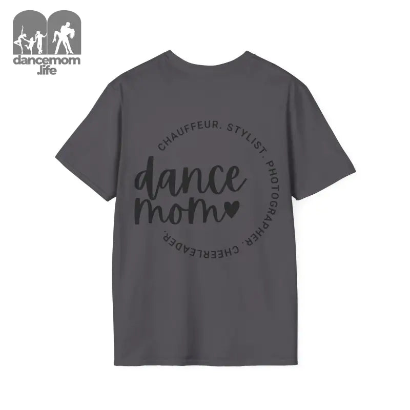 Gray t-shirt with ’dance mom’ text in a circular design.