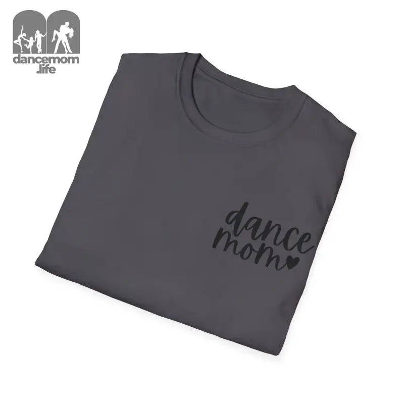 Gray t-shirt with ’dance mom’ text and a heart design printed on it.