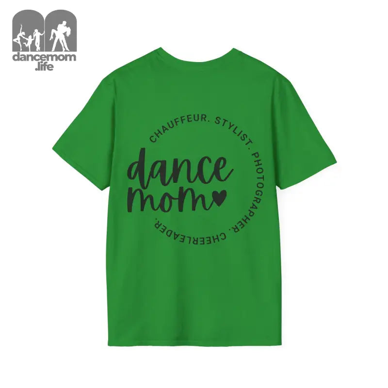 Green t-shirt with ’dance mom’ text in a circular design.