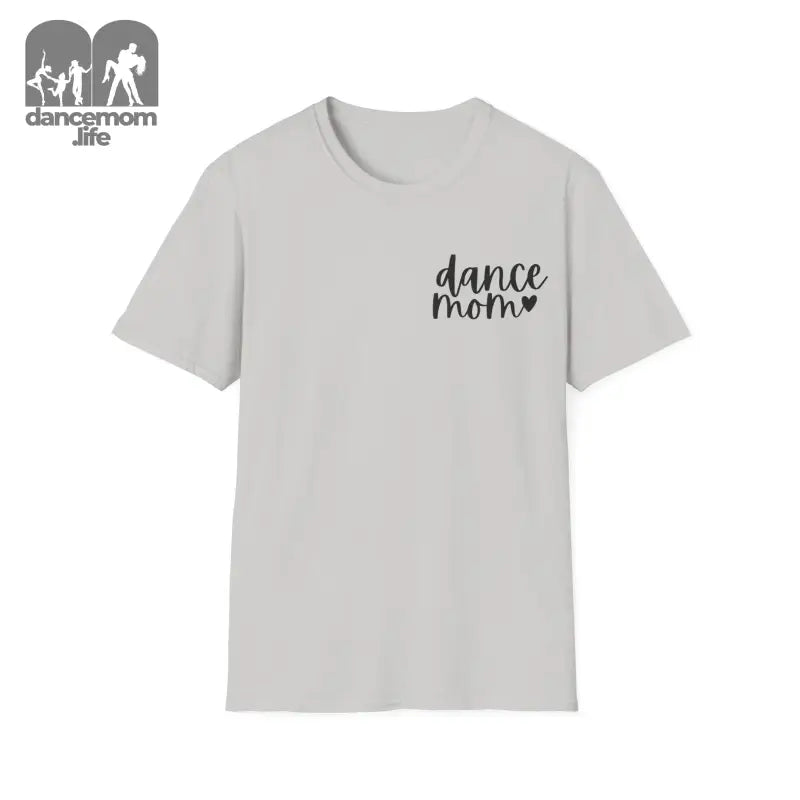 Light gray t-shirt with ’dance mom’ text and a heart design on the chest.