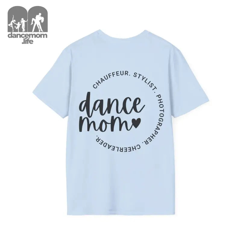 Light blue t-shirt with ’dance mom’ text and circular typography design.