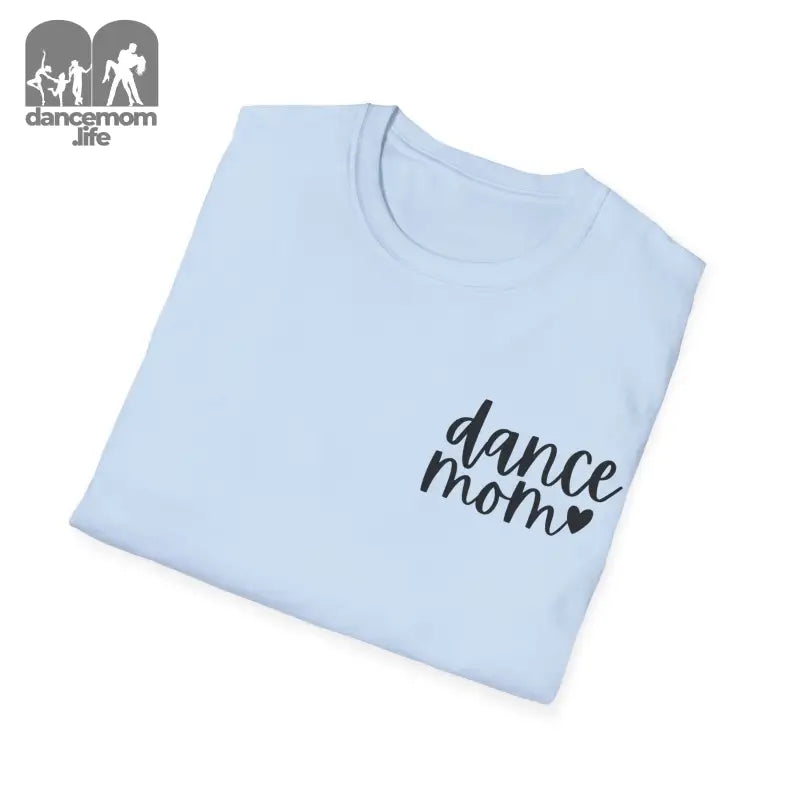 Light blue t-shirt with ’dance mom’ text and a small heart design.