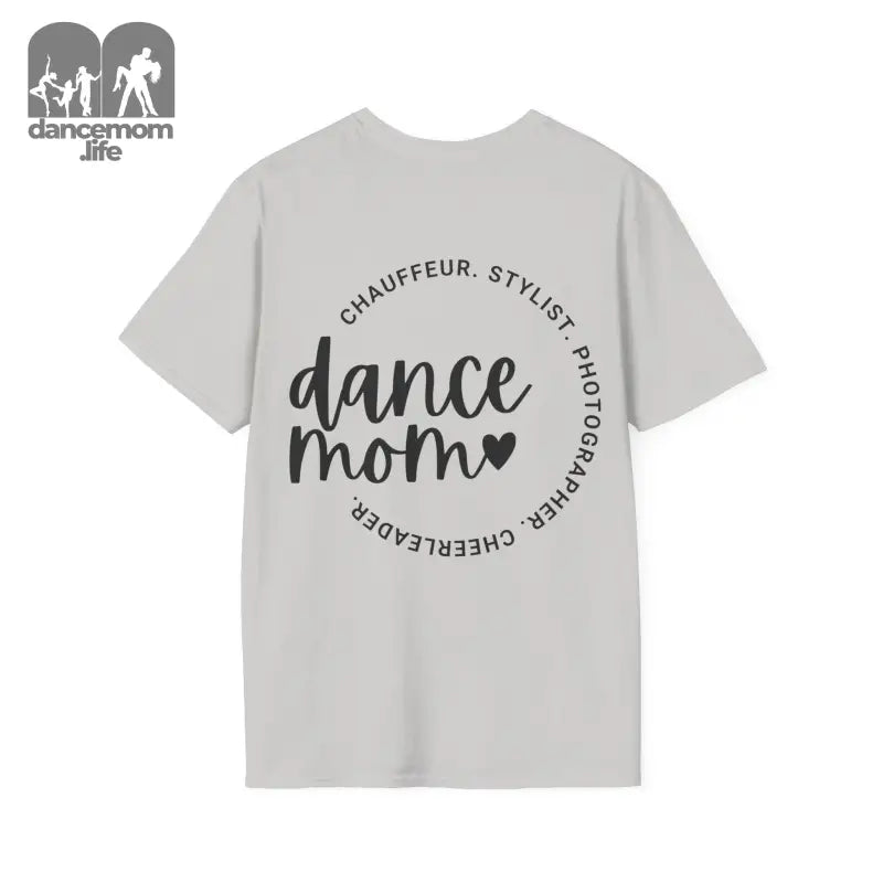 Light gray t-shirt with ’dance mom’ text in a circular design.