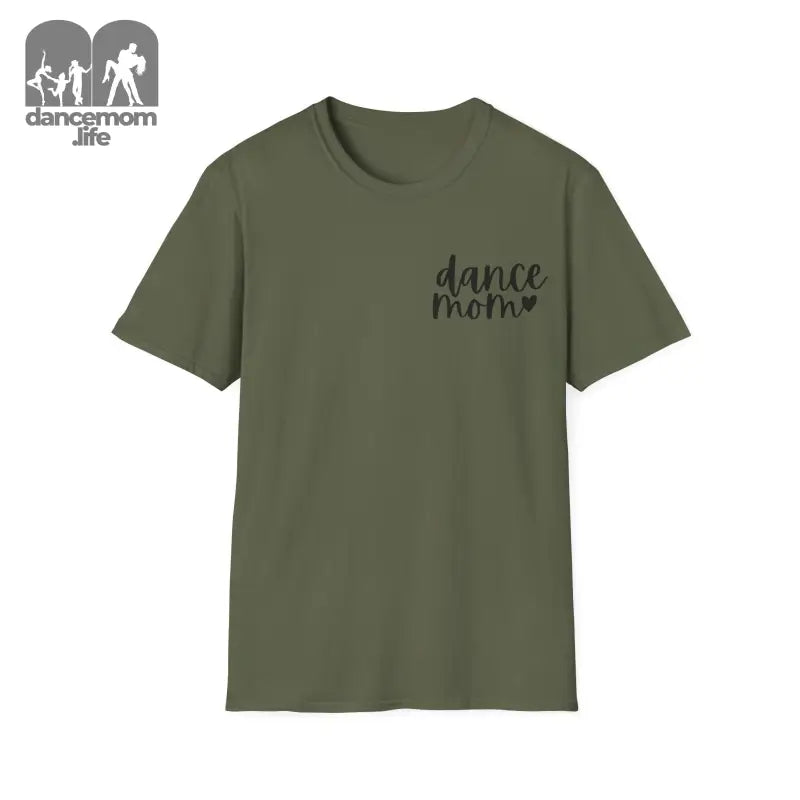 Olive green t-shirt with ’dance mom’ text printed in small letters on the chest.