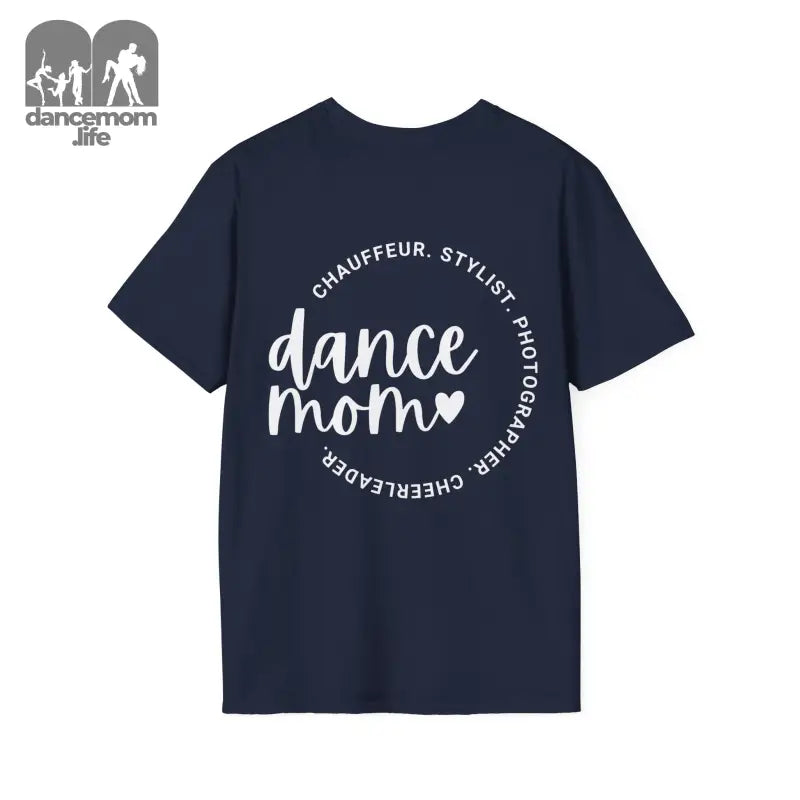 Navy blue t-shirt with ’dance mom’ text in a circular design.