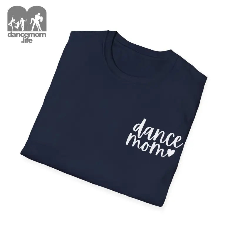 Navy blue t-shirt with ’dance mom’ text and a heart design in white lettering.