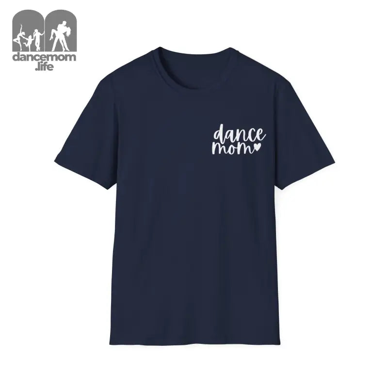 Navy blue t-shirt with ’dance mom’ text and a heart in white lettering on the chest.