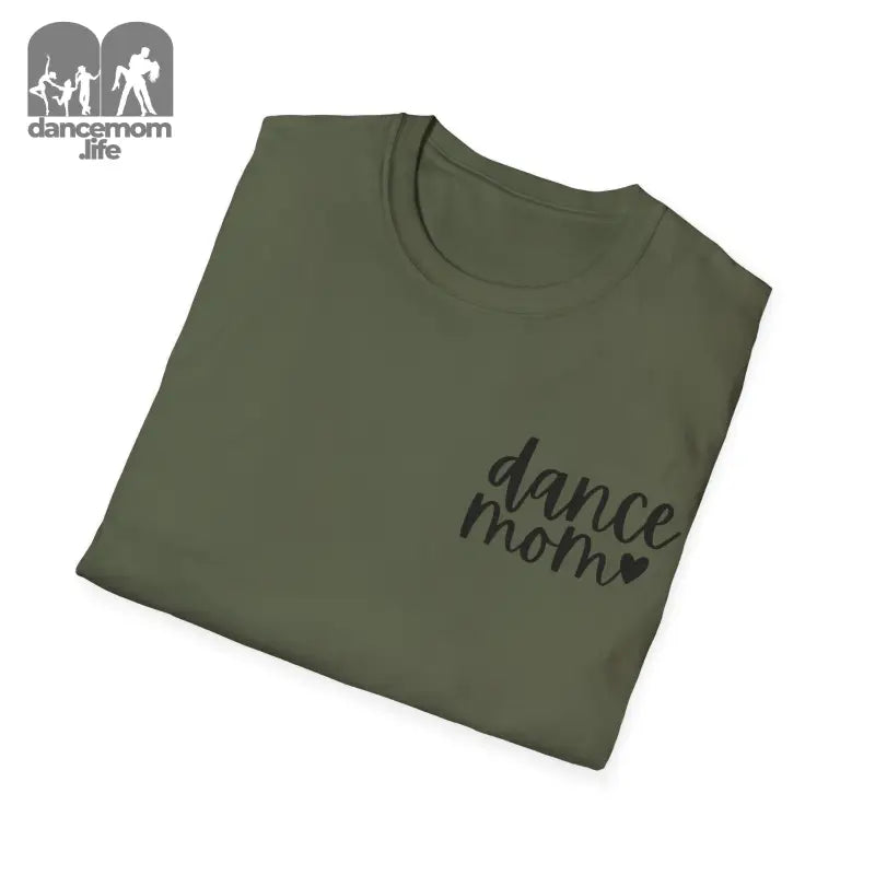 Olive green t-shirt with ’dance mom’ text and a heart design printed on it.