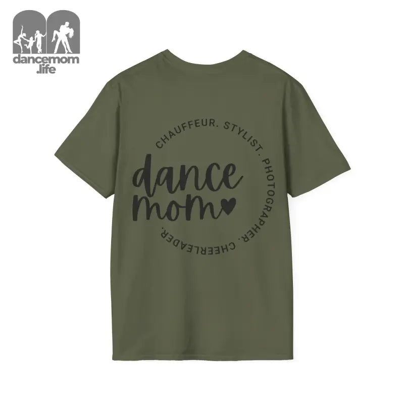 Olive green t-shirt with ’dance mom’ text in a circular design.