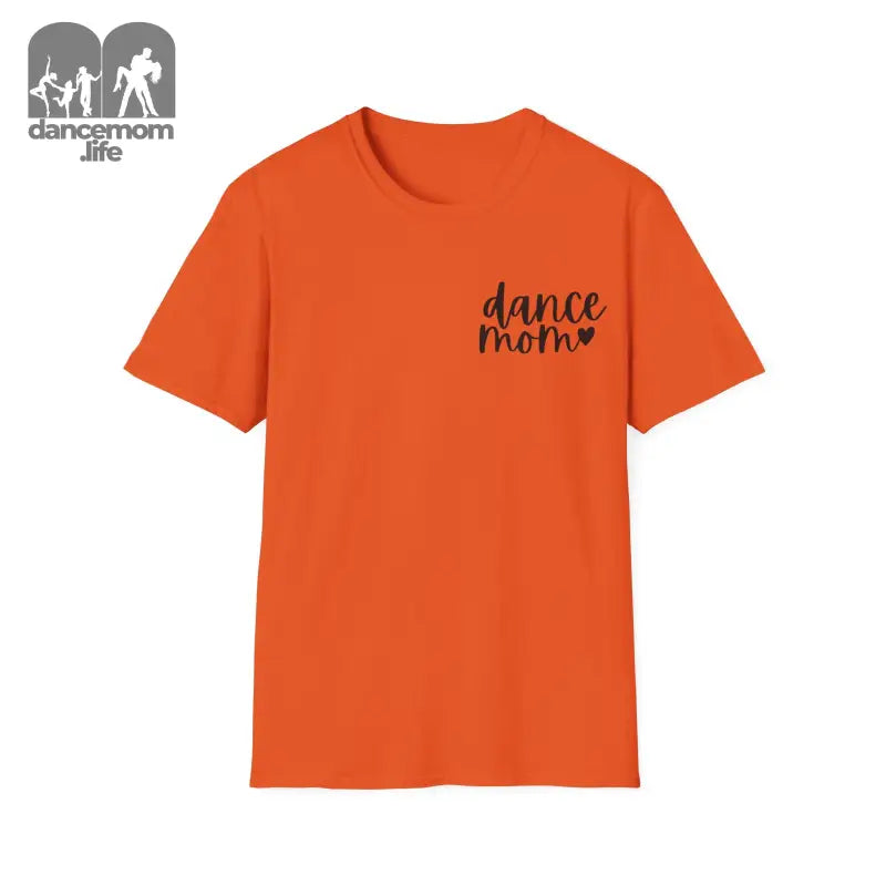 Orange t-shirt with ’dance mom’ text and a heart design printed on the chest.