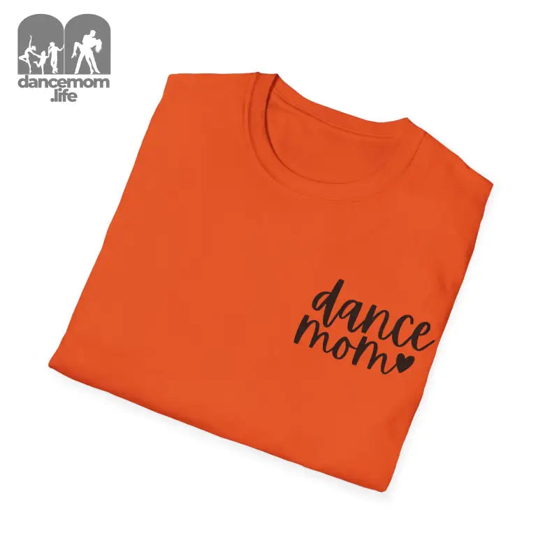 Orange t-shirt with ’dance mom’ text and a heart design printed in black.