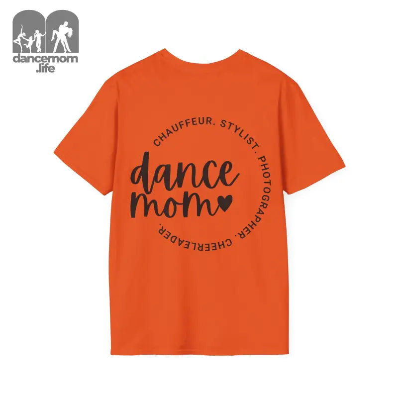 Orange t-shirt with ’dance mom’ text and circular typography design.