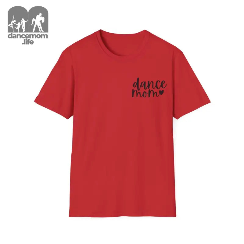 Red t-shirt with ’dance mom’ text printed in black on the chest.