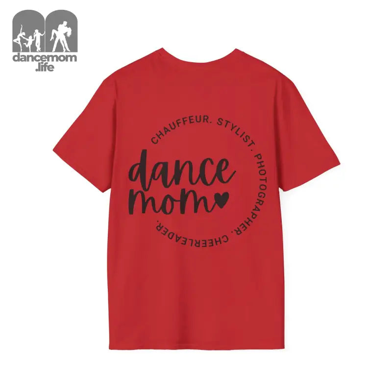 Red t-shirt with ’dance mom’ text in black lettering arranged in a circular design.