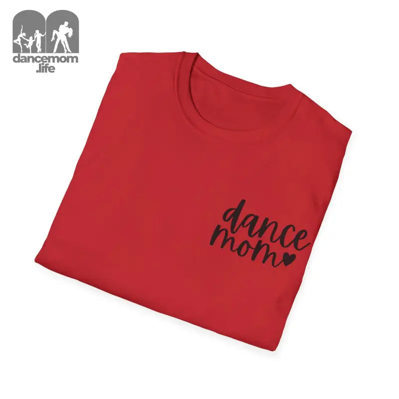 Red t-shirt with ’dance mom’ text and a heart design printed in black.