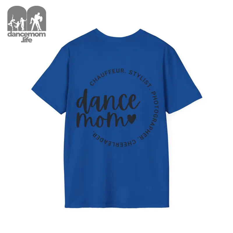 Royal blue t-shirt with ’dance mom’ text design in black circular typography.