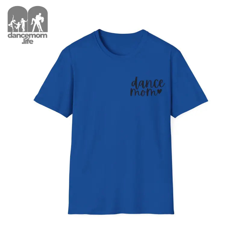 Royal blue t-shirt with ’dance’ text printed in small black letters on the chest.