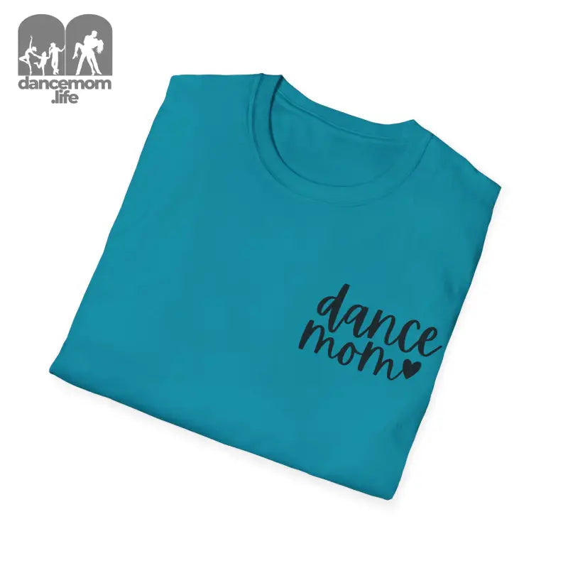 Teal t-shirt with ’dance mom’ text and a heart printed in black.