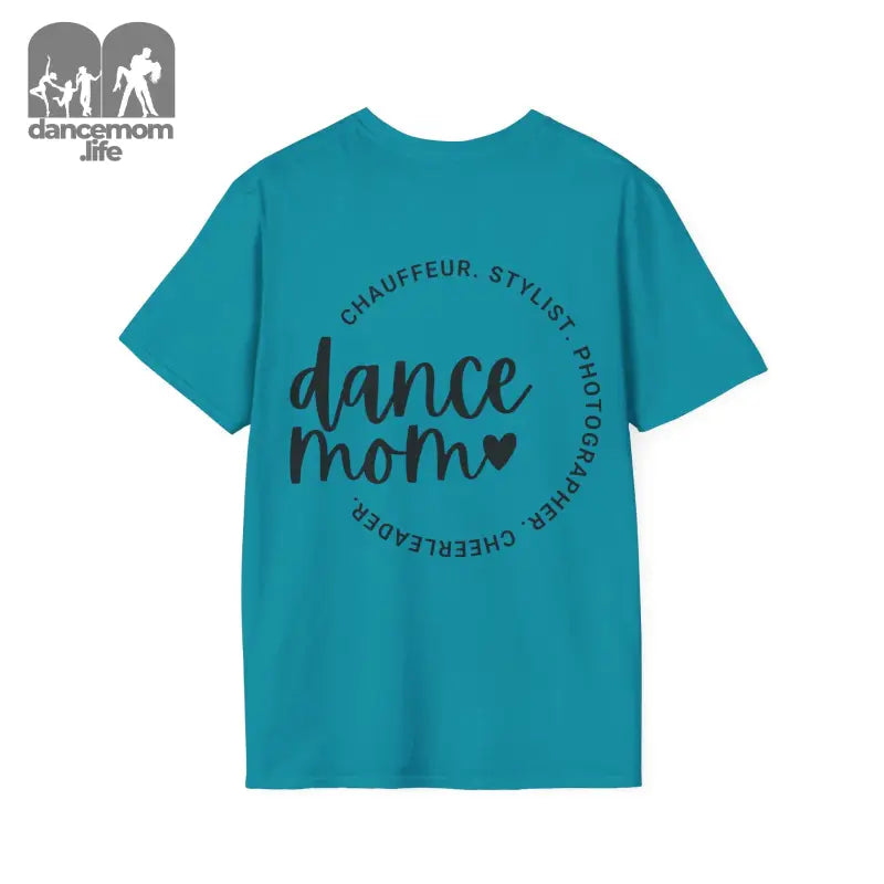 Teal t-shirt with ’dance mom’ text in a circular design.