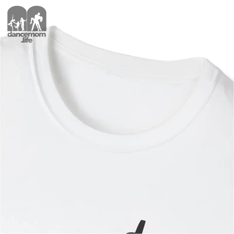 White crew neck t-shirt with a partial black graphic visible.