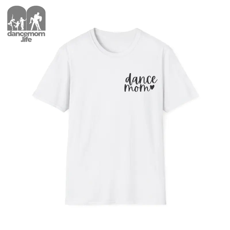 White t-shirt with ’dance mom’ text and a heart design on the chest.