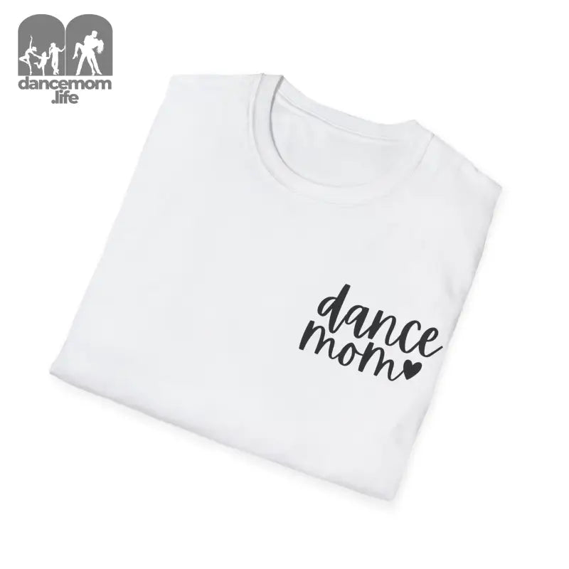 White t-shirt with ’dance mom’ text and a heart design printed in black.