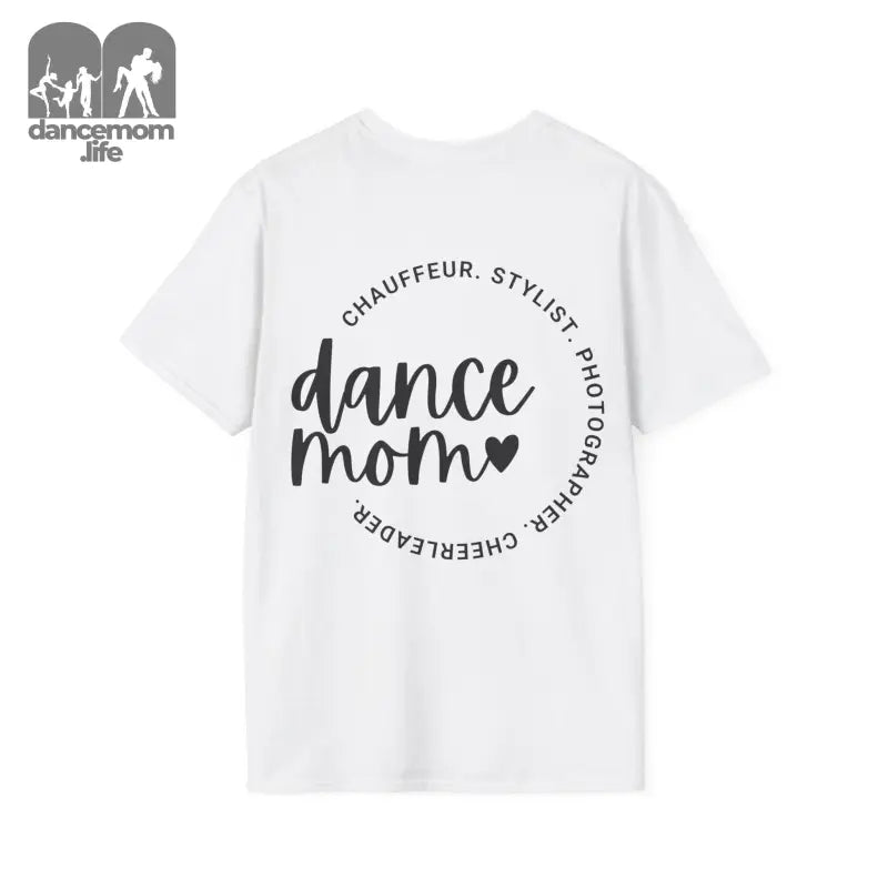 White t-shirt with ’dance mom’ text in a circular design.