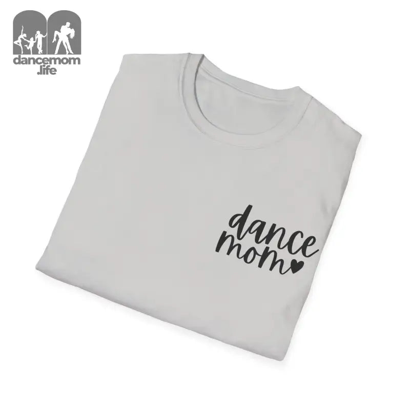 White t-shirt with ’dance mom’ text and a small heart design.