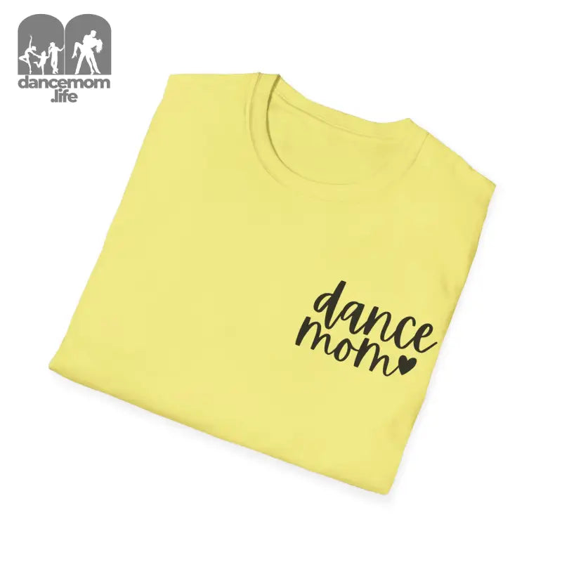 Yellow t-shirt with ’dance mom’ text and a heart design printed in black.