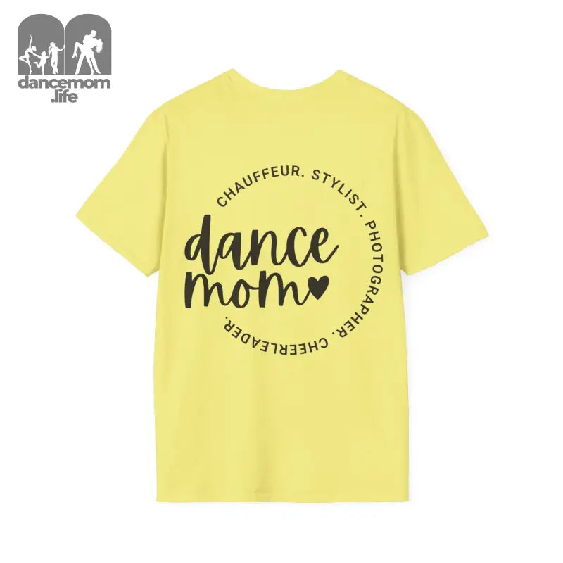 Yellow t-shirt with ’dance mom’ text in a circular design.