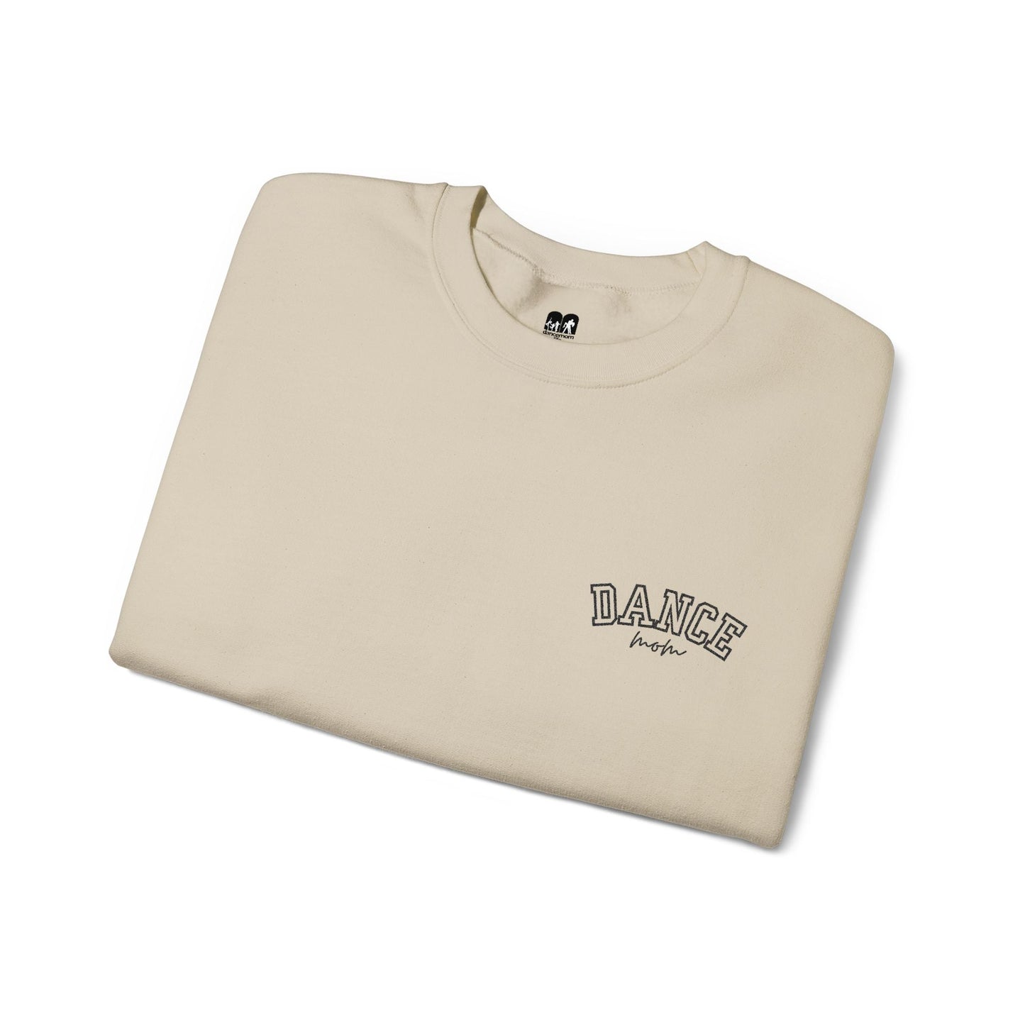 Beige crewneck t-shirt with ’dance’ embroidered in black arched lettering above the word ’high.’