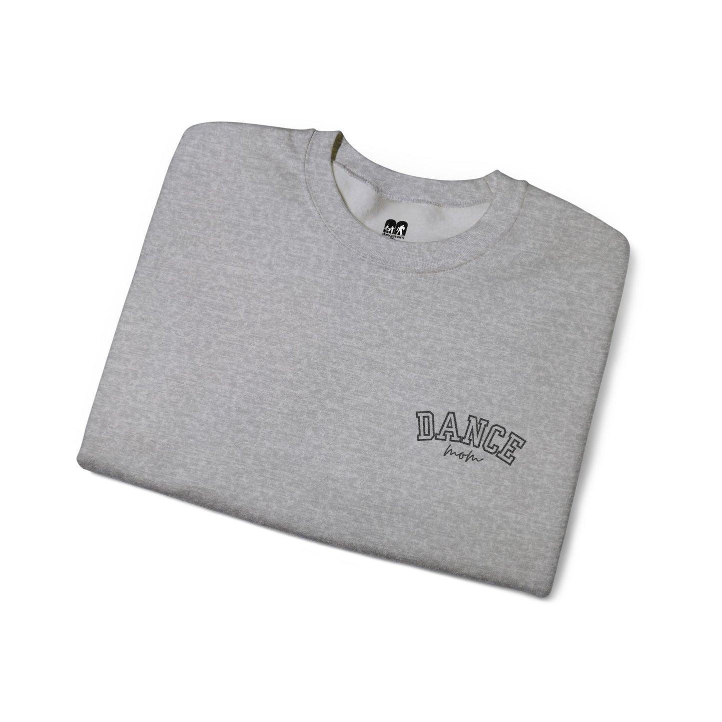 Gray heathered sweatshirt with ’dance mom’ embroidered in black on the chest.