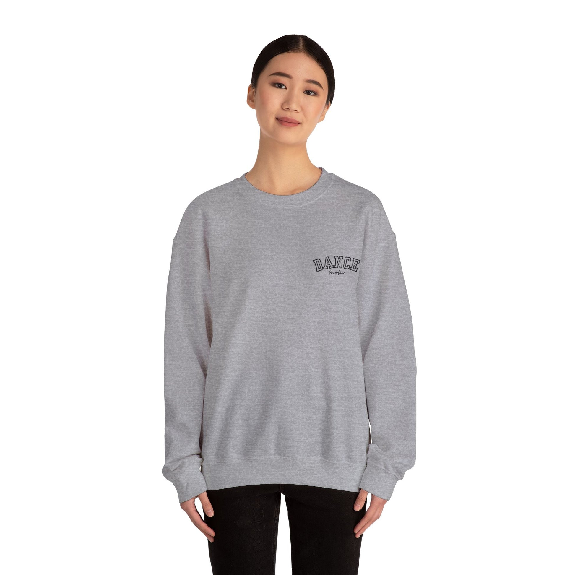 Gray heathered sweatshirt with ’dance’ embroidered in black arched lettering on the left chest.
