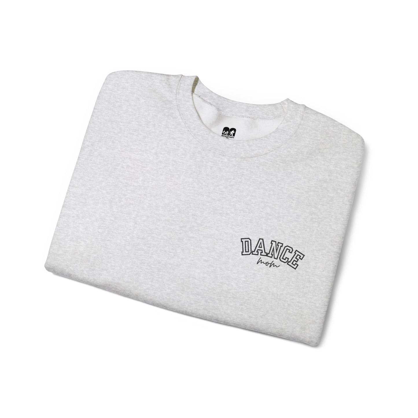 A heather gray crewneck sweatshirt with ’dance’ embroidered in black arched lettering above the word ’mash’ in a smaller script.