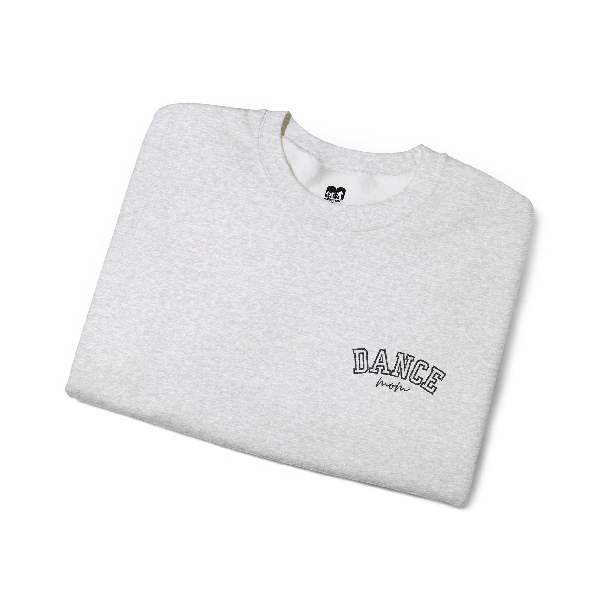A heather gray crewneck sweatshirt with ’dance’ embroidered in black arched lettering above the word ’high’ in a cursive script.
