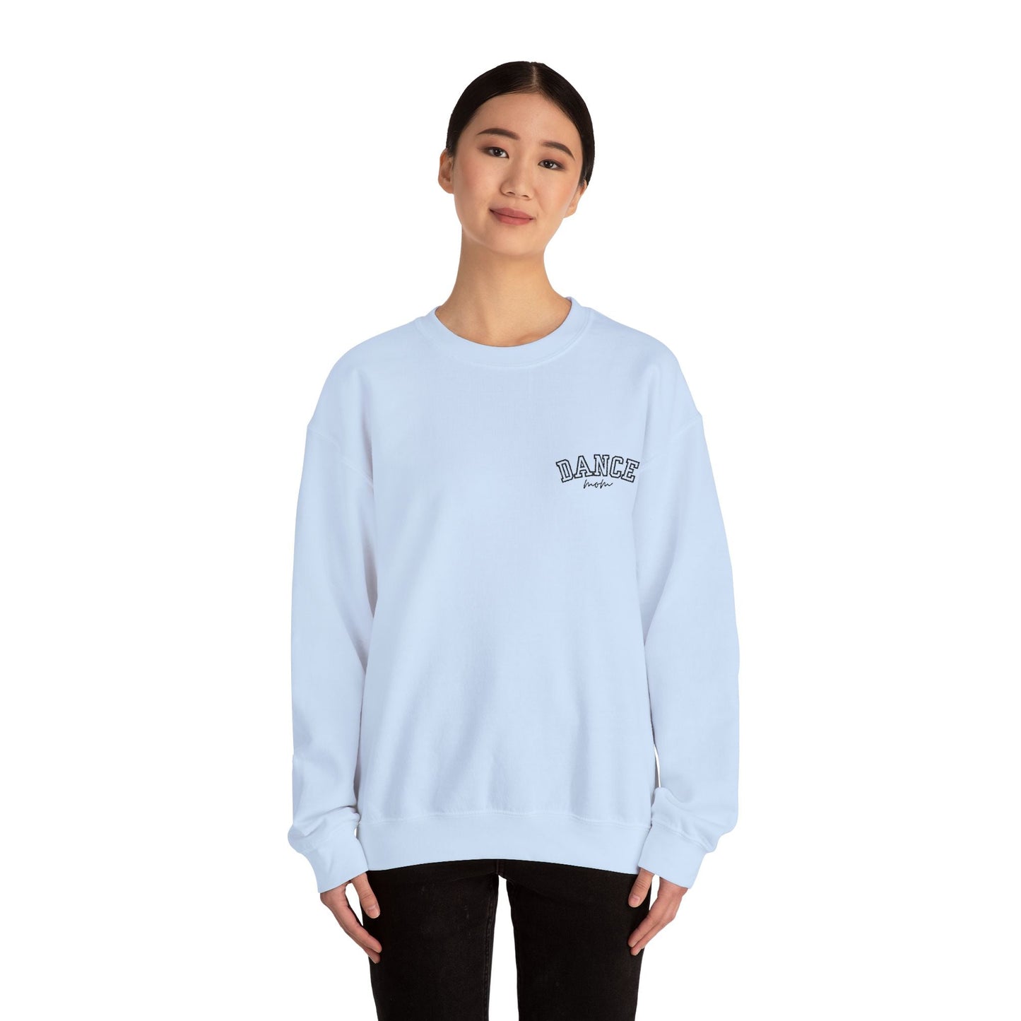 Light blue crewneck sweatshirt with ’dance’ embroidered in dark lettering on the left chest.