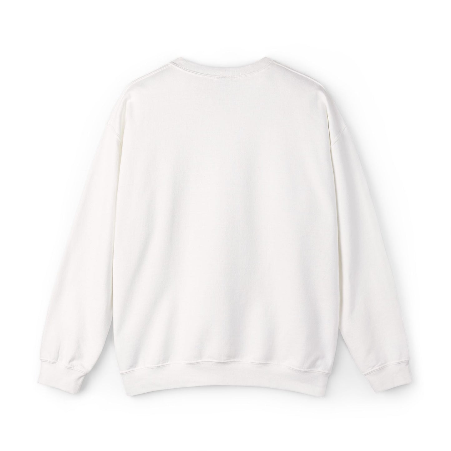 A plain white crewneck sweatshirt with long sleeves and ribbed cuffs.