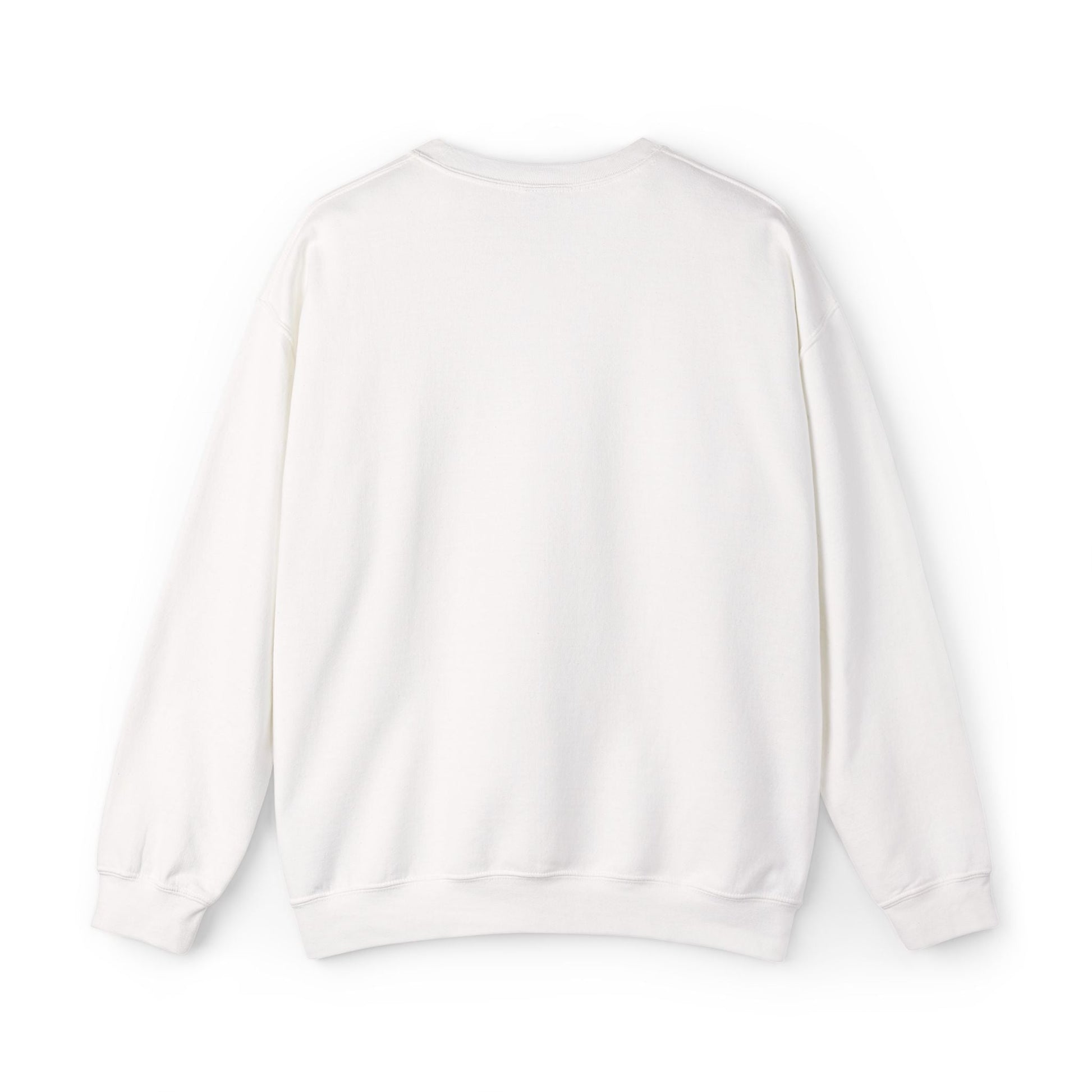 A plain white crewneck sweatshirt with long sleeves and ribbed cuffs.