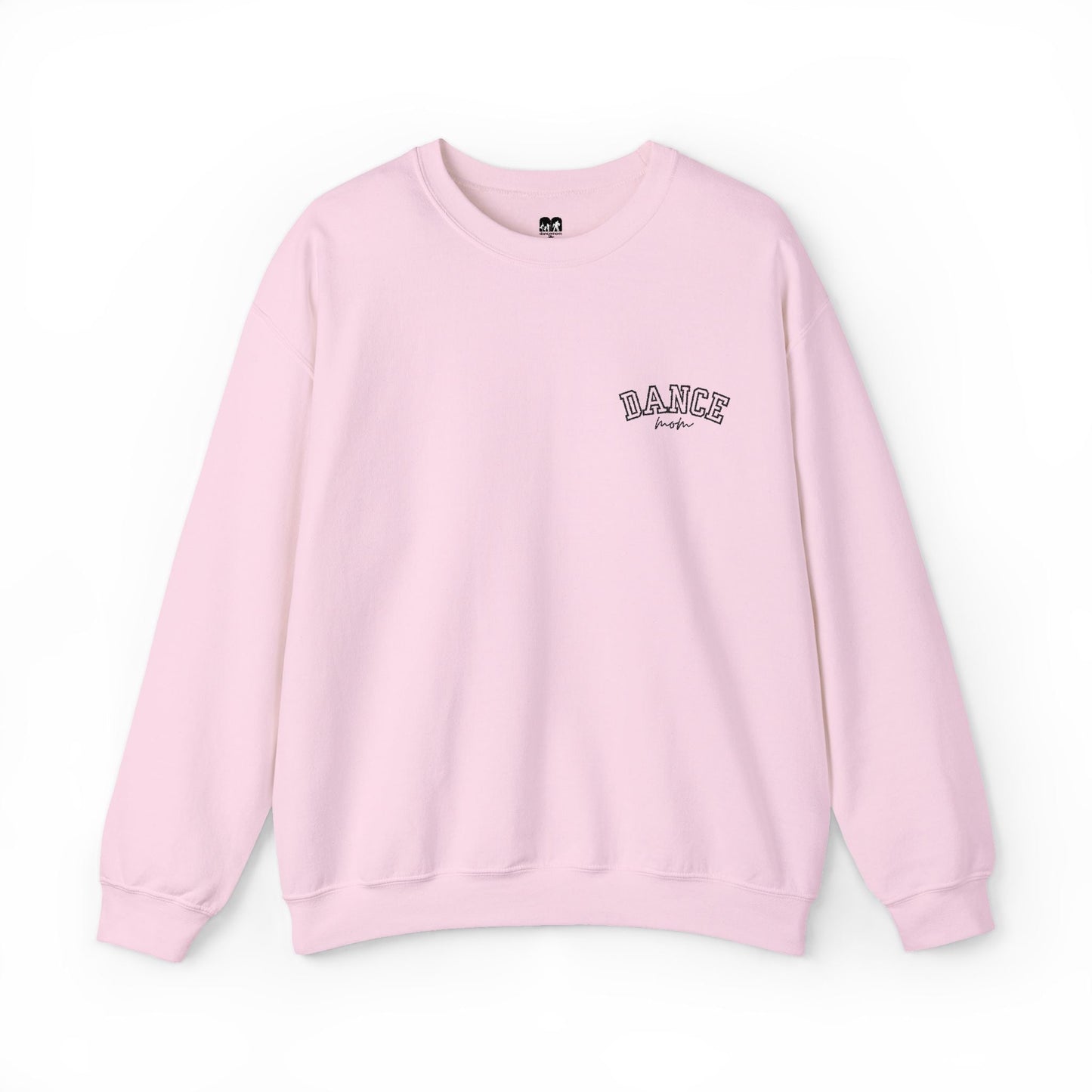 A soft pink long-sleeved sweatshirt with a subtle ’dance’ graphic embroidered in black on the left chest.