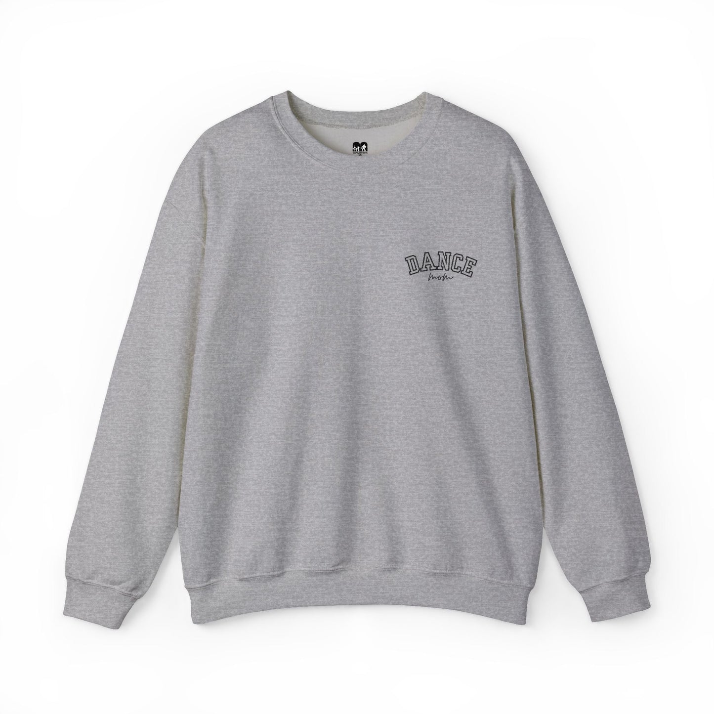 Gray heathered sweatshirt with ’dance’ embroidered in black arched lettering on the left chest.