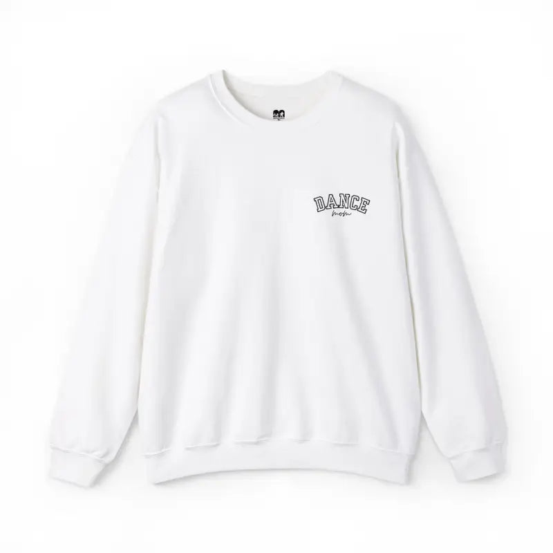 White crewneck sweatshirt with ’Dance’ text embroidered on the chest.