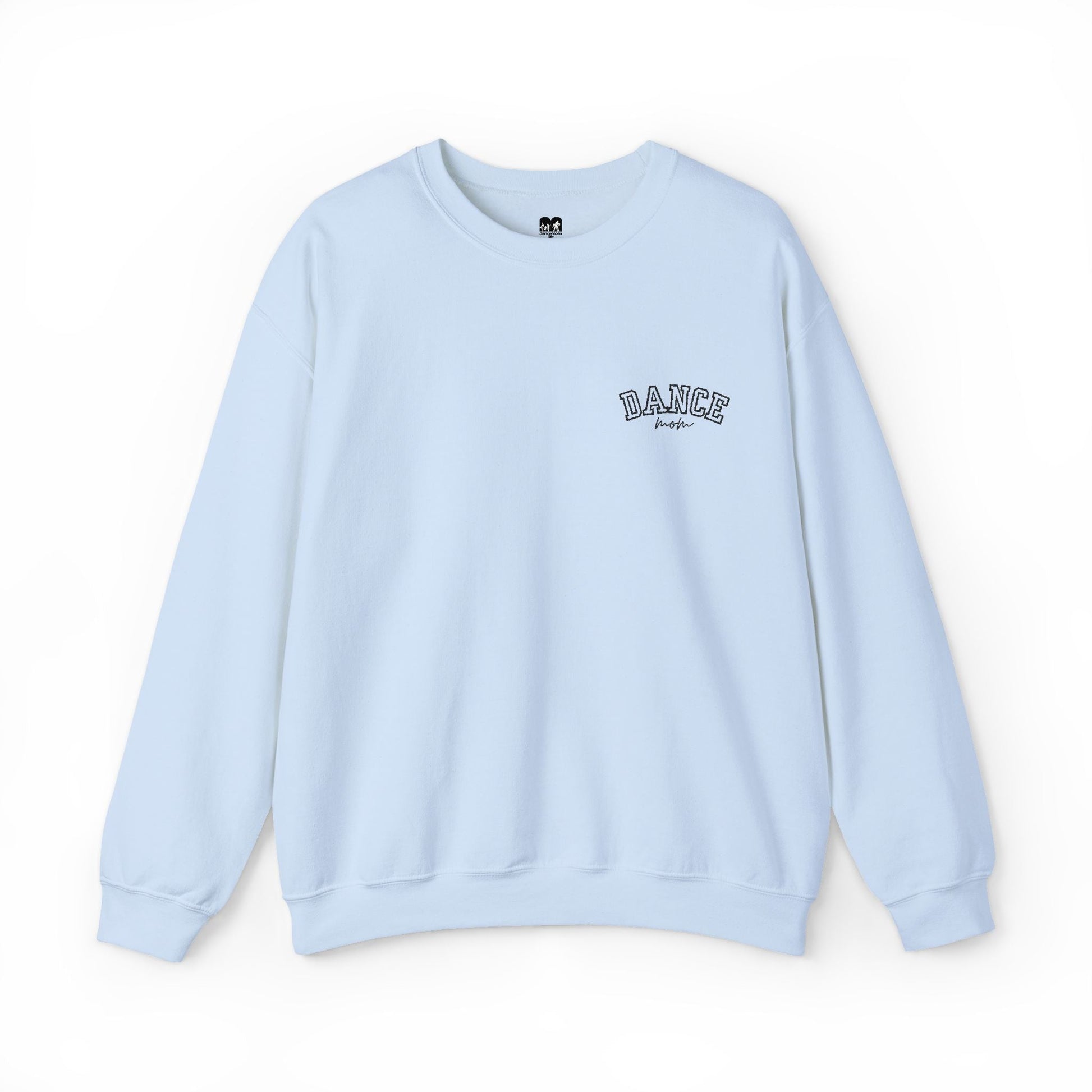 Light blue crewneck sweatshirt with ’dance’ embroidered in black arched lettering on the left chest.