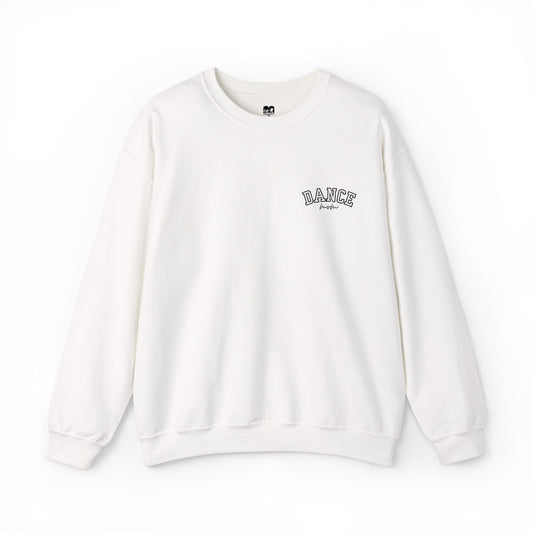 A soft white crewneck sweatshirt with a black embroidered ’dance’ logo on the left chest.