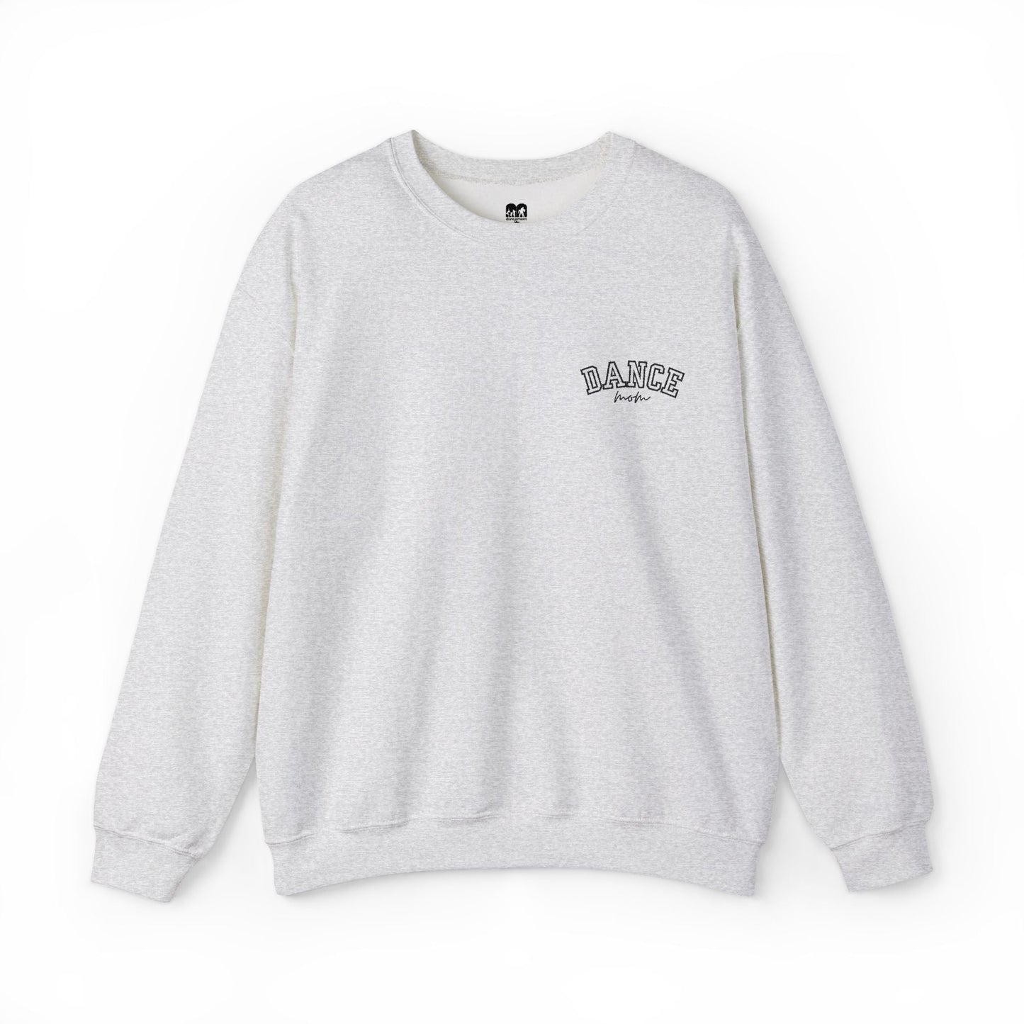 A heather gray long-sleeved sweatshirt with a black ’dance’ logo embroidered on the left chest.